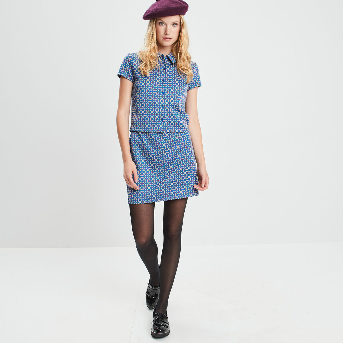 T-shirt cropped jacquard manches courtes bleu femme