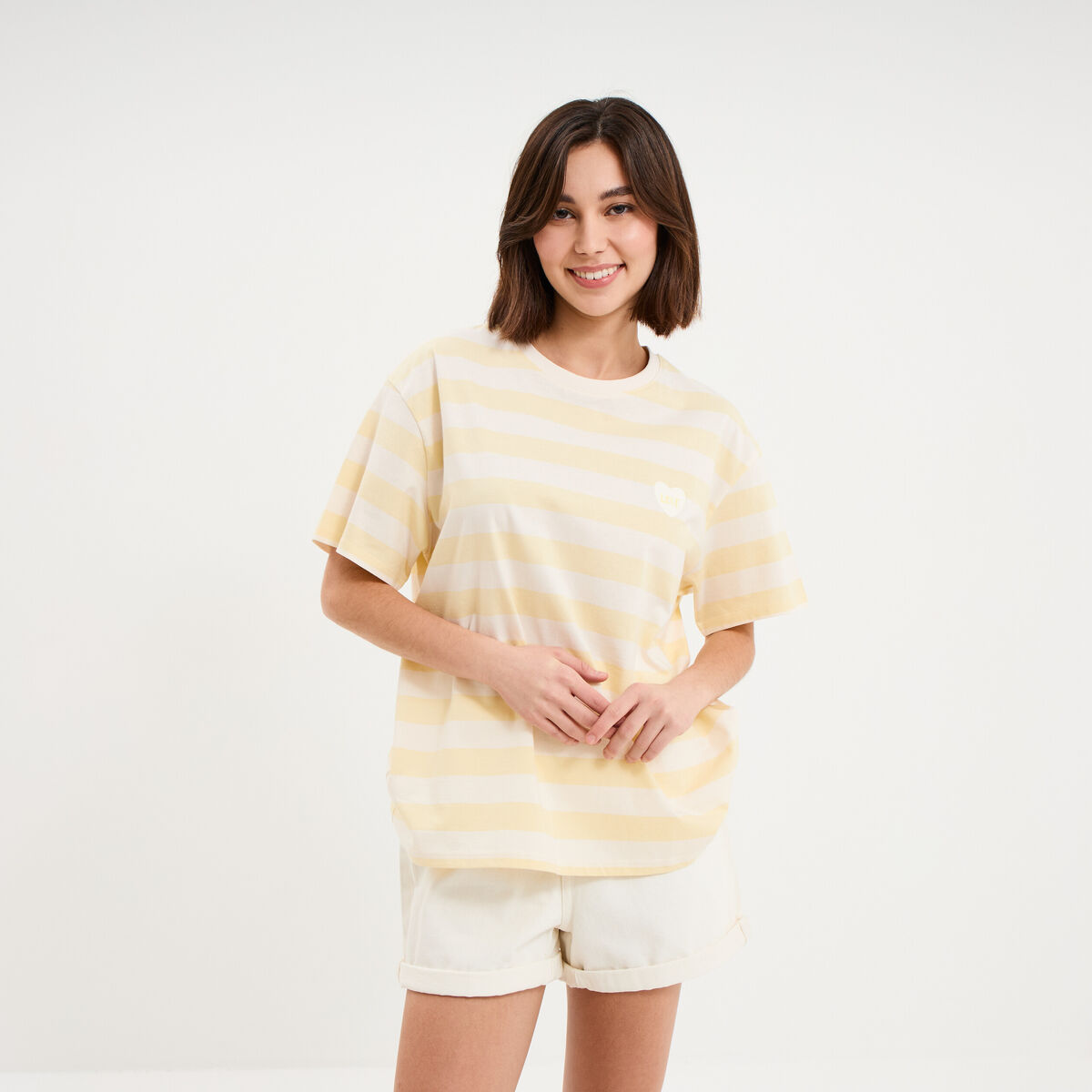 T-shirt droit &agrave; manches courtes coton jaune citron femme