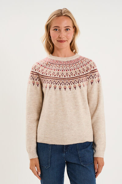 Pull jacquard col rond manches longues ecru femme