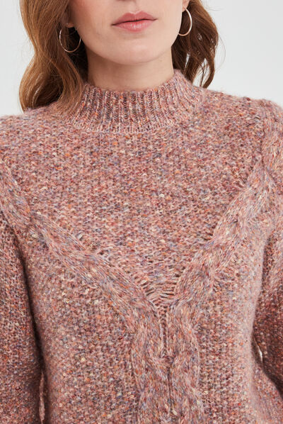 Pull détails torsades col montant rose clair femme