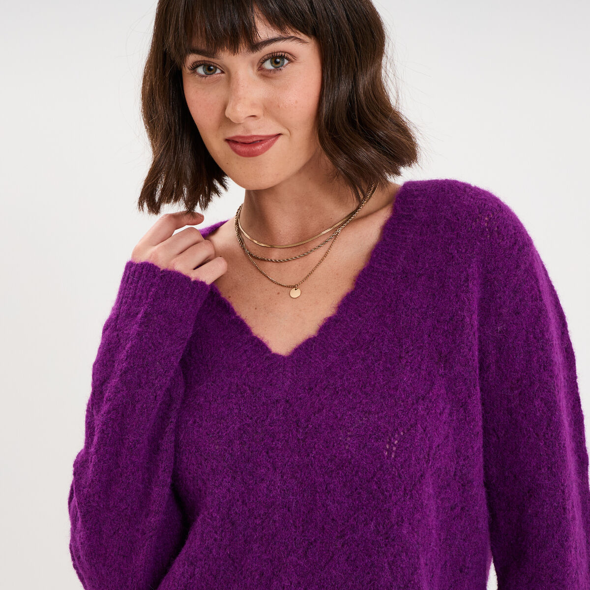 Pull col V ajour&eacute; manches longues violet fonc&eacute; femme