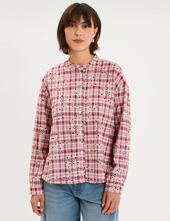 Chemise brod&eacute;e manches longues bordeaux femme