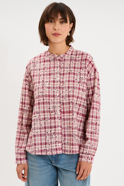 Chemise brod&eacute;e manches longues bordeaux femme