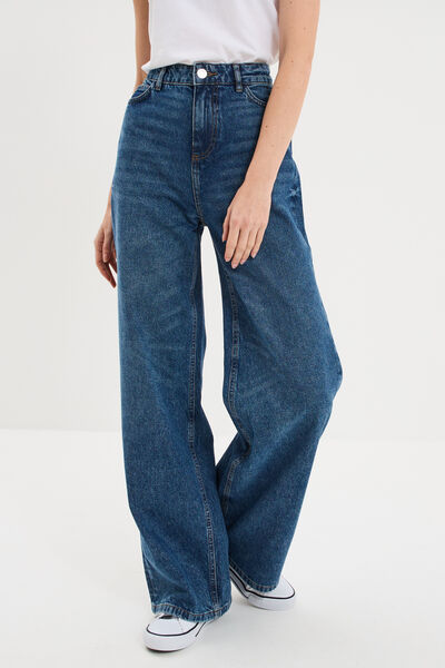 Jean large taille haute coton denim stone femme