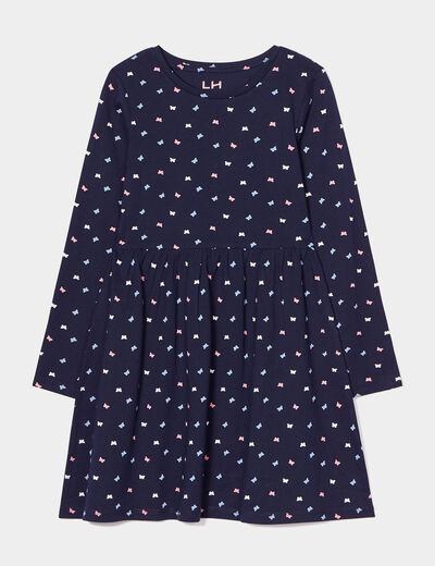 Robe trapèze manches longues coton bleu marine fille