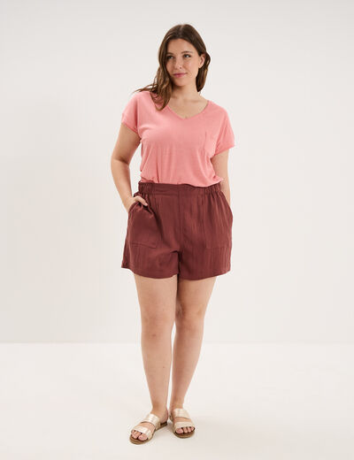 T-shirt effet chin&eacute; col en V avec poche rose vif femme grande taille