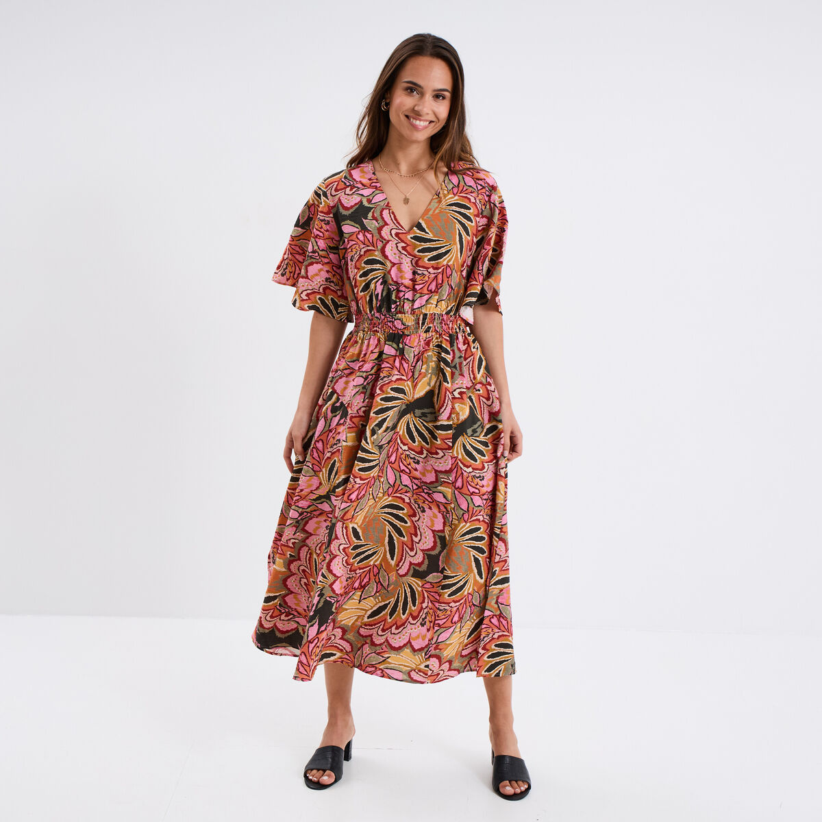 Robe longue col en V taille élastiquée multicolore femme