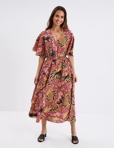 Robe longue col en V taille élastiquée multicolore femme