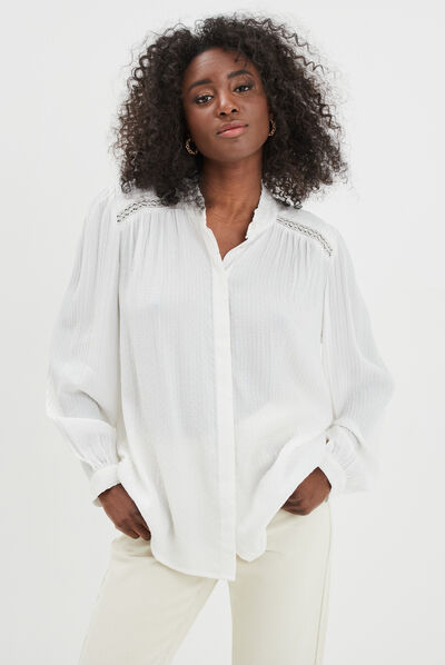 Chemise col mao à plumetis blanc femme