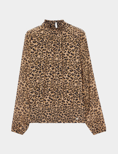 Blouse manches longues à col montant beige femme