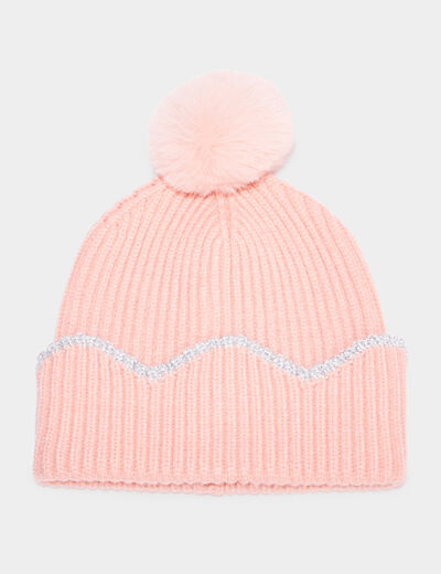 Bonnet à pompon bord festonné rose fille