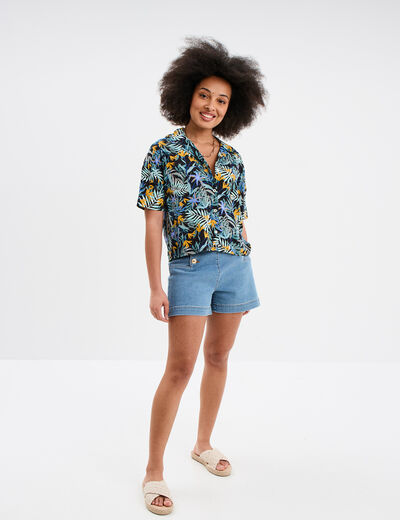 Chemise col cubain manches courtes noir femme
