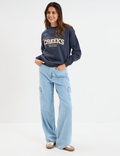 Jeans cargo large coton denim triple stone femme