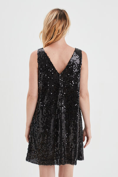 Robe à sequins courte trapèze bretelles noir femme