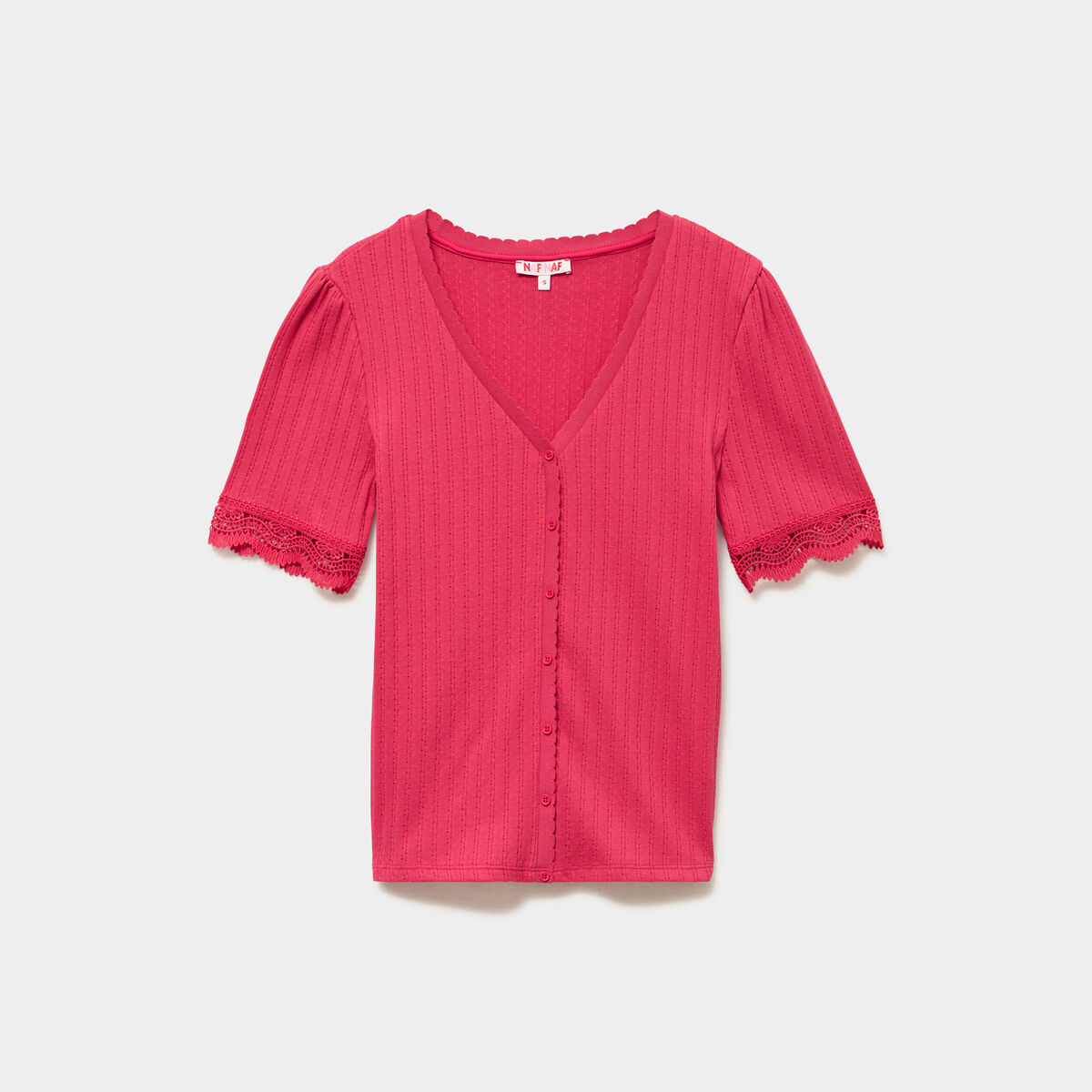 Blouse manches courtes col V dentelle rose cerise femme