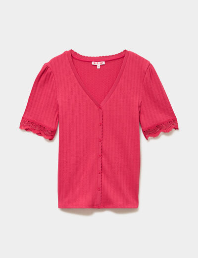 Blouse manches courtes col V dentelle rose cerise femme