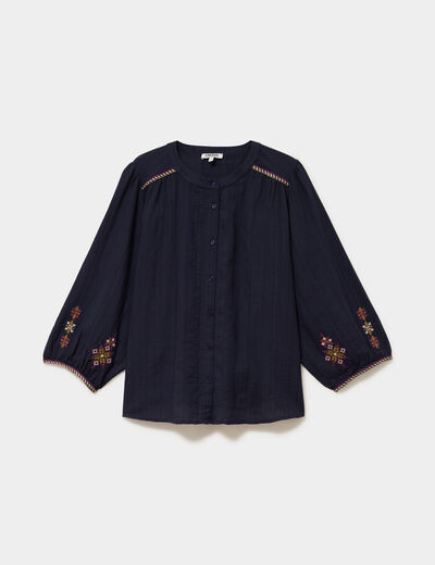 Blouse brod&eacute;e oversize manches 3/4 bleu fonc&eacute; femme