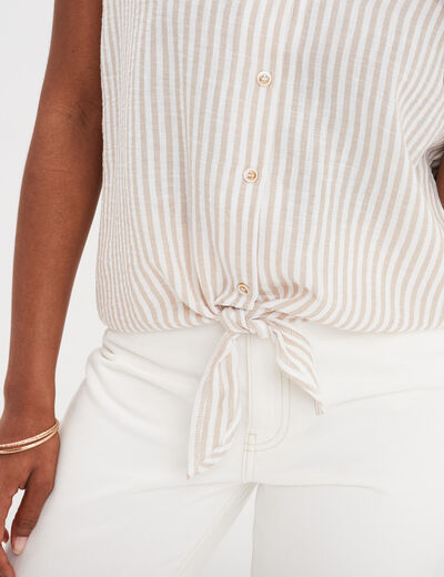 Blouse nouée ajustée manches courtes beige femme