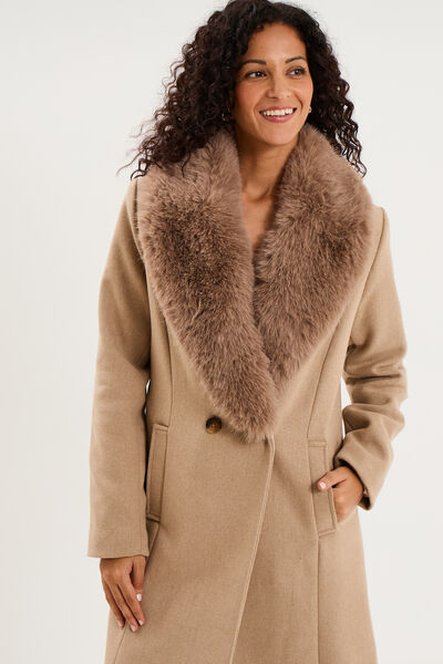 Manteau col fausse fourrure amovible taupe femme