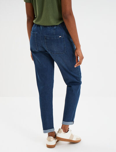 Jeans droit cropped taille &eacute;lastiqu&eacute;e bleu femme