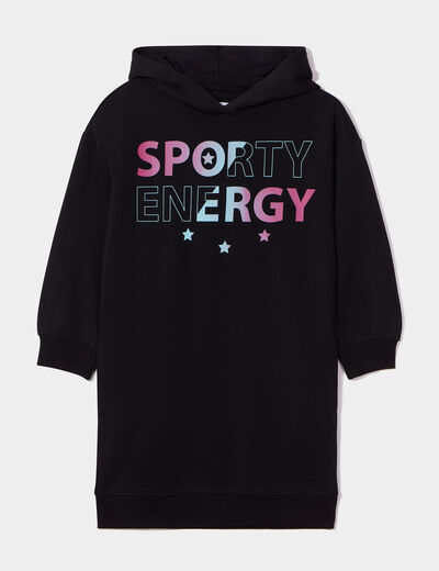 Robe sweat à capuche droite coton noir fille