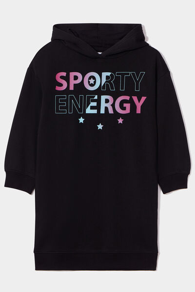 Robe sweat à capuche droite coton noir fille