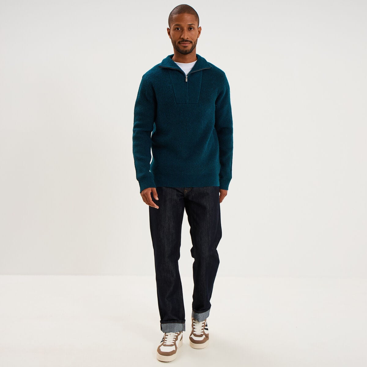 Pull avec col camionneur c&ocirc;tel&eacute; bleu canard homme