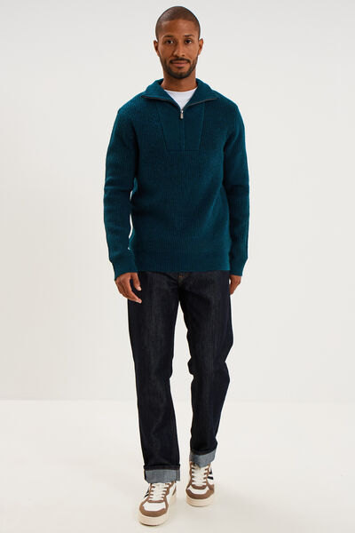 Pull avec col camionneur c&ocirc;tel&eacute; bleu canard homme