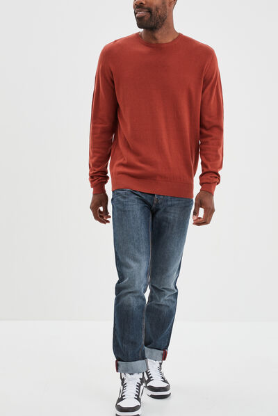 Pull droit col rond marron cognac homme