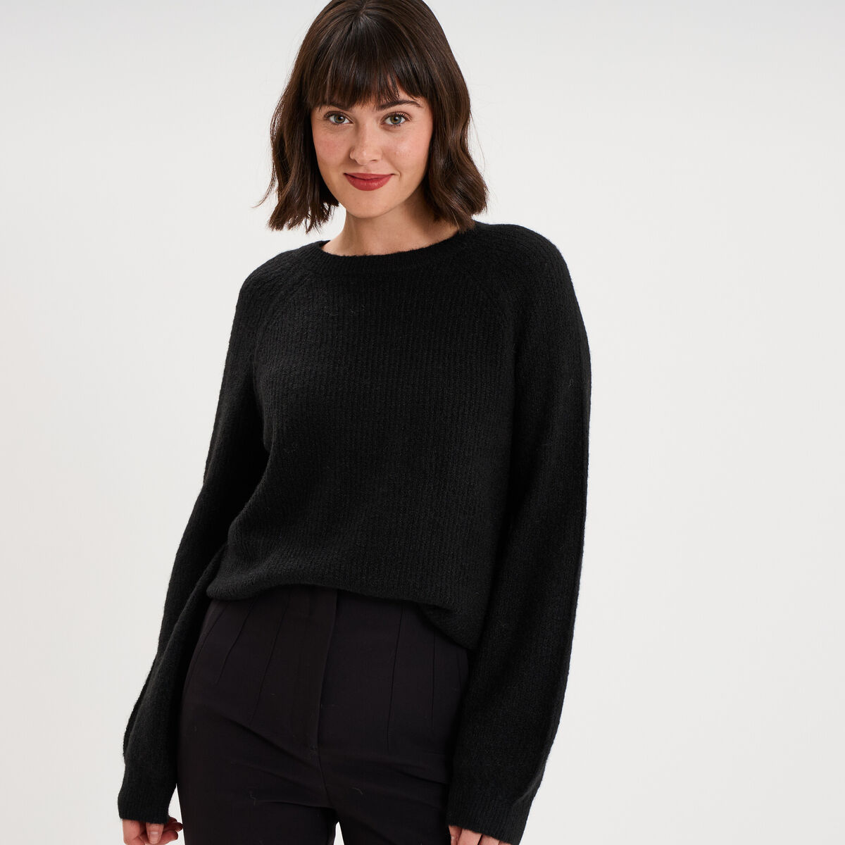 Pull col rond manches longues noir femme