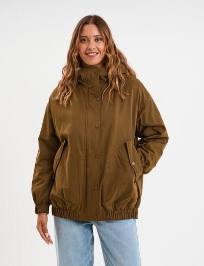 Parka oversize capuche doubl&eacute;e sherpa vert olive femme