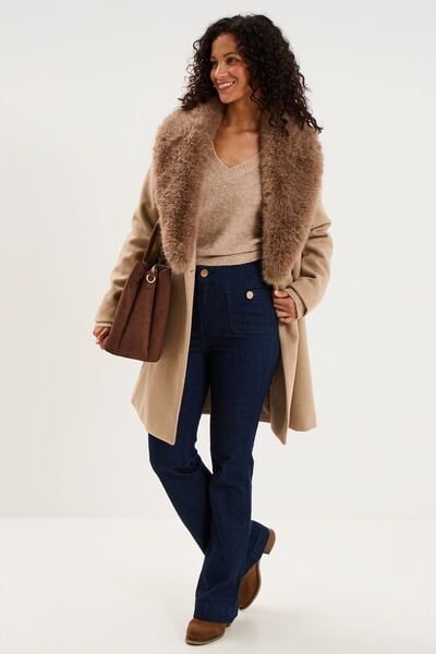 Pull droit &agrave; sequins et col en V beige femme