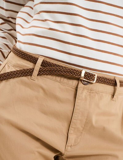 Pantalon chino 7/8&egrave;me ceinture tress&eacute;e beige femme