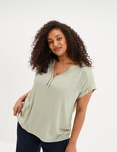 Blouse col en V manches courtes vert kaki femme grande taille