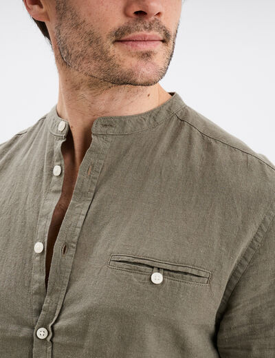 Chemise col mao lin mélangé vert kaki homme