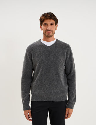 Pull droit col en V manches longues gris homme
