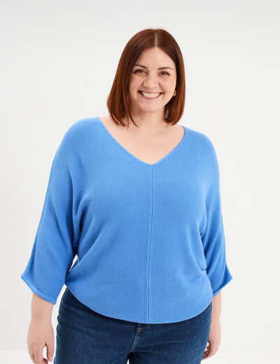 Pull manches 3/4 ajust&eacute; bleu electrique femme grande taille