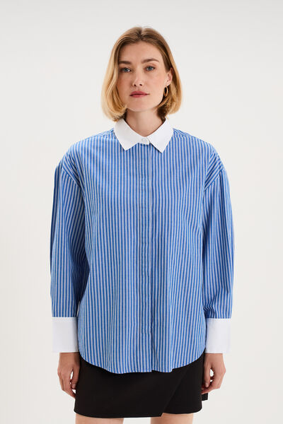 Chemise oversize col contrast&eacute; bleu femme