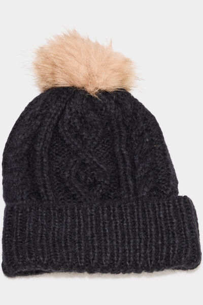 Bonnet &agrave; torsades et pompon noir femme