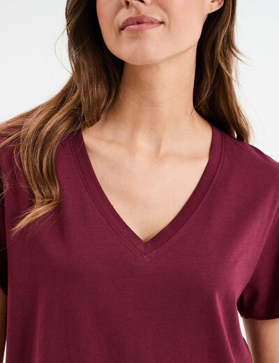 T-shirt manches courtes col en V coton bordeaux femme