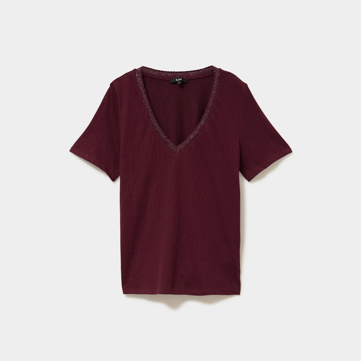 T-shirt col en V manches courtes violet fonc&eacute; femme