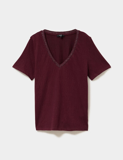T-shirt col en V manches courtes violet fonc&eacute; femme