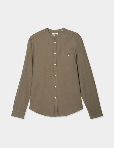 Chemise col mao lin mélangé vert kaki homme