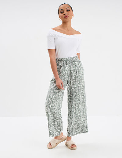 Pantalon fluide large taille élastiquée vert kaki femme
