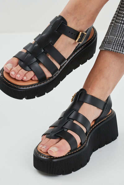 Sandales compensées multibrides en cuir noir femme