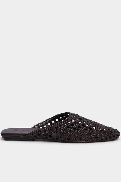 Mules plates carr&eacute;es effet tress&eacute; marron femme