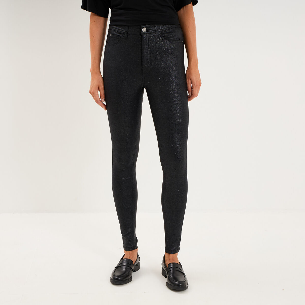 Pantalon slim enduit &agrave; taille haute noir femme