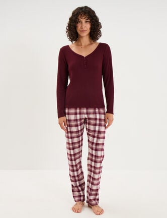 Ensemble pyjama t-shirt et pantalon bordeaux femme