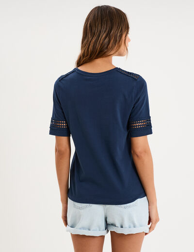 T-shirt avec broderie col rond coton bleu marine femme
