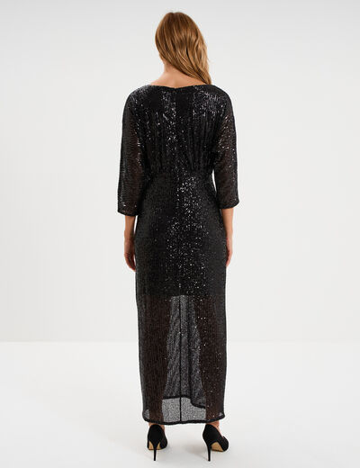 Robe longue fendue &agrave; sequins noir femme